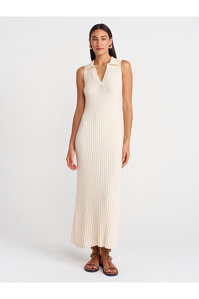 Dilvin 90249 V Polo Neck Ribbed Knitwear Dress-Ecru
