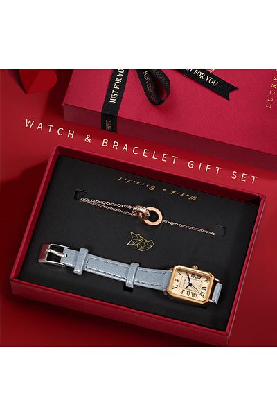 Choice Sky Blue LUCKY FOX 2PCS Light Luxury Gift Box Set Watch Bracelet Simple and Fashionable Women's Squa
