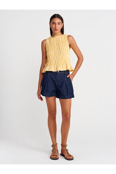 Dilvin 71990 Pleated Denim Shorts with Curly Legs-Navy Blue
