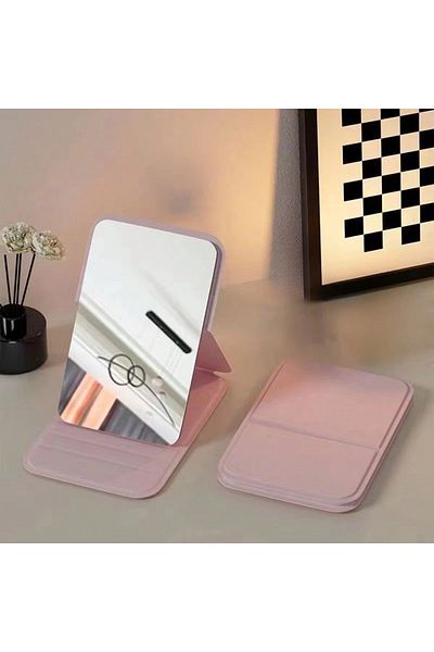 Choice Pink Desktop Makeup Mirror Solid Color PU Leather Simple Portable Handheld Makeup Mirror Foldable St