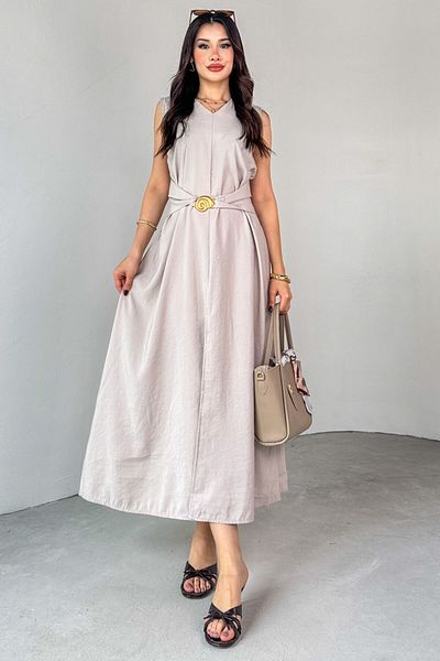 Cappmoda Elb-01790 Stone Color Front Slit Design Gold Spiral Buckle Midi Dress