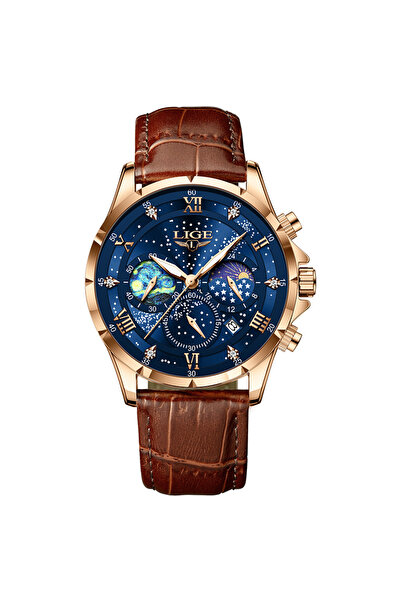 Lige ساعات LIGE 2024 الرياضية للرجال من الجلد الطبيعي باللون الذهبي الوردي وا...