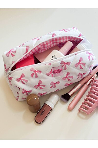 girlsybags Чанта за грим с розова панделка, голяма, с цип, клъч