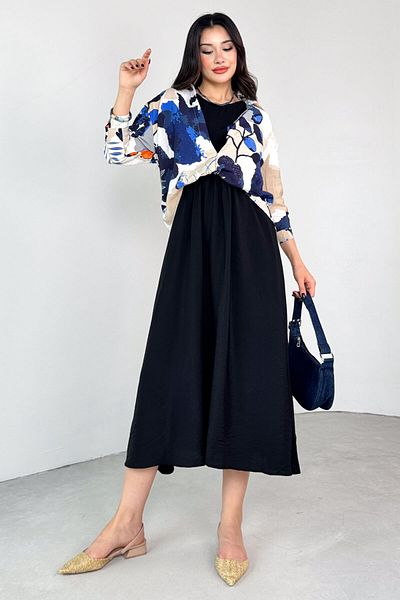 Cappmoda ELB-01799 Καλοκαιρινό φόρεμα από ύφασμα Aerobin με μπλε μοτίβο πουκάμισο με λεπτομέρεια