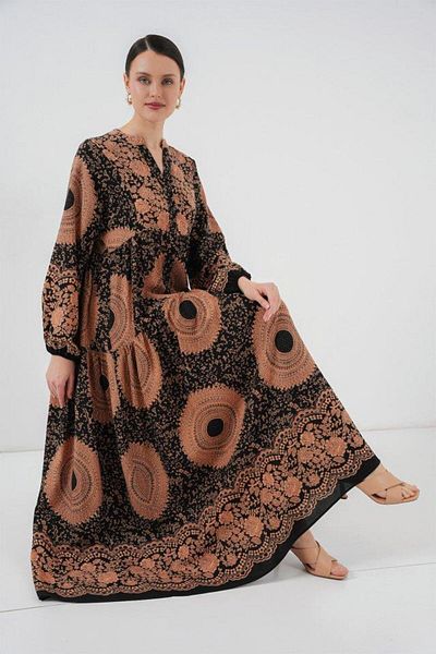 Aymood 2423 Authentic Patterned Hijab Dress - Black - Tan