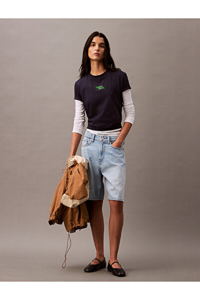 Calvin Klein Women's Regular Fit 100% Cotton Patterned Short Sleeve Navy Blue T-Shirt Lv047B851G-Rnv