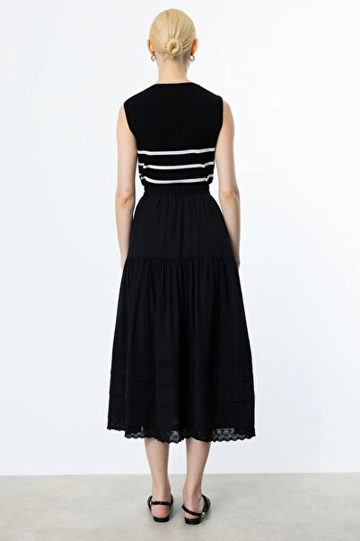 Ekol Women's Elastic Waist Lace Detailed Skirt 1552 Black