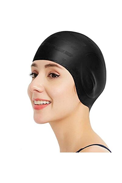 Choice قبعة سباحة سوداء مقاومة للماء عالية المرونة لحماية الأذنين من السيليكو...