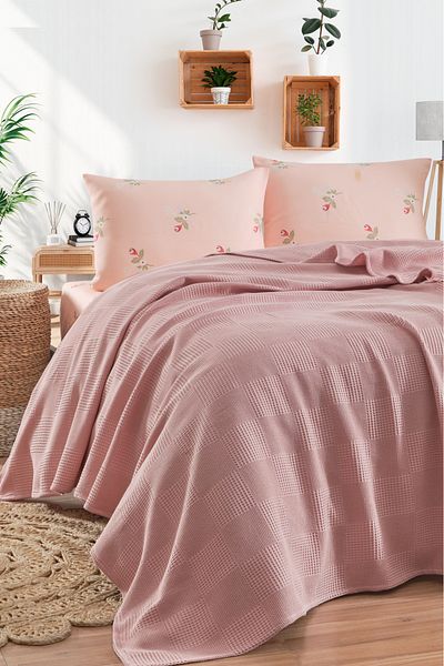 Eponj Home Fitted Sheet Pique Set Double 100% Cotton 4 Piece Alanur Patterned Powder – Weave Series