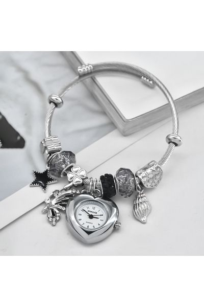 Choice Silvery-1 Fashion Women's Bracelet Watch Love with stylish decor refined round quartz watch silvery
