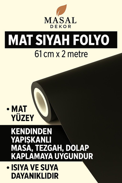 MASAL DEKOR Mat Siyah Mobilya, Dolap, Beyaz Eşka Kaplama Yapışkanlı Folyo