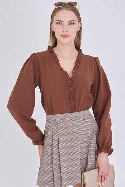 armonika Women's Light Brown Collar and Front Ruffle Detail Long Sleeve Blouse with Elastic Sleeves Arm-25K001030