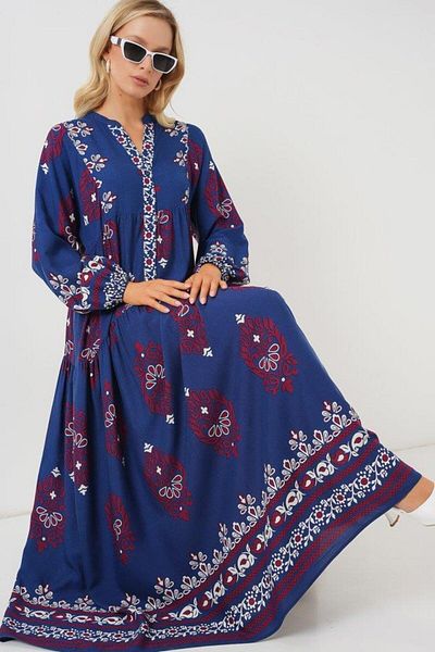 Aymood 2423 Authentic Patterned Hijab Dress - Petrol 1