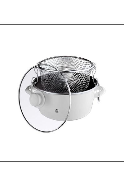 Hane216 22cm White Enamel Glass Lid Frying Pan