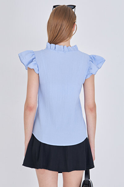 armonika Bluză de damă cu guler albastru și mâneci cu volane ARM-25Y001063