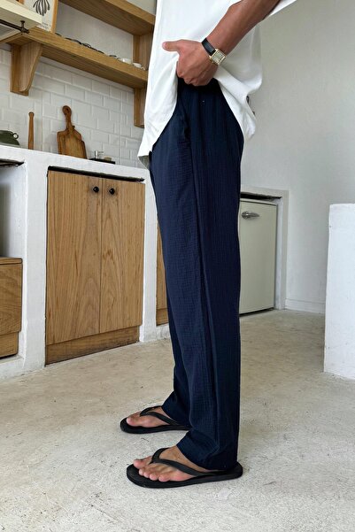 Flaw Wear Navy Blue Elastic Waist Muslin Fabric Trousers