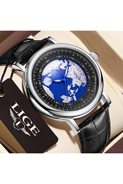 Lige ساعة LIGE سوداء للرجال من Blue Planet Creative Earth Fashion Quartz ساعة...