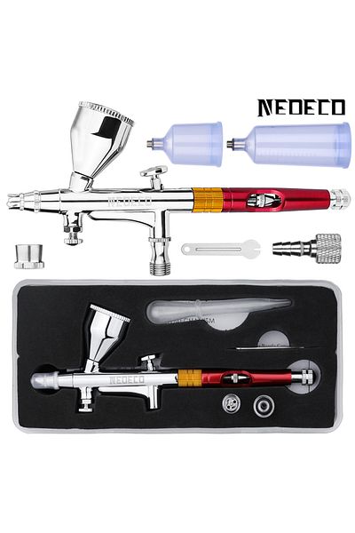 Choice Gold NEOECO NCT-208K Dual Action Airbrush 9cc 1/3 oz Fluid Cups with 20cc 40cc cups Crown caps Air b