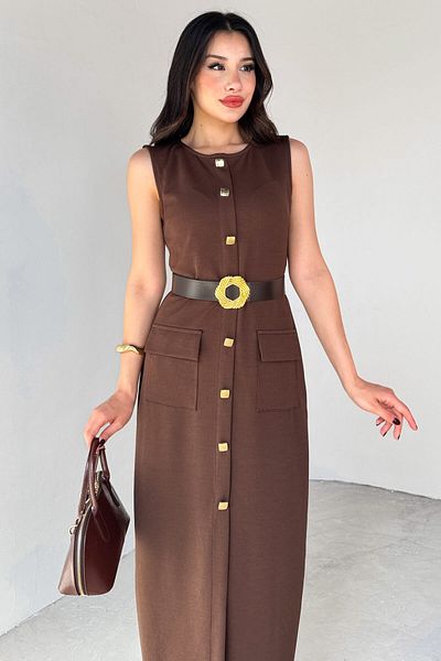 Cappmoda ELB-01800 Φόρεμα με μηδενικό μανίκι με καφέ ζώνη με λεπτομέρεια με κουμπιά