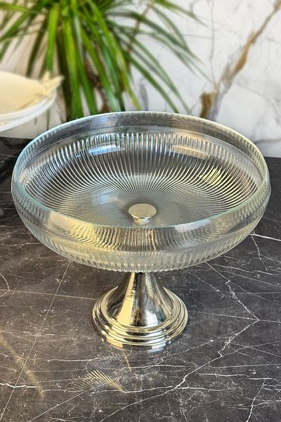MAY HOME Metal Leg Glass Tableware Presentation Plate & Serving Plate (Silver)