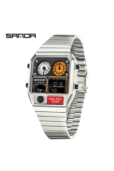 Choice ساعة SANDA الإلكترونية متعددة الوظائف للرجال باللونين الفضي والأسود مزودة بمقياس حرارة وساعة إيقاف