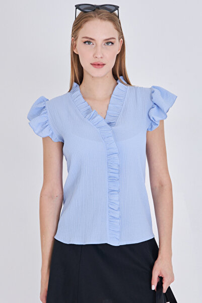 armonika Bluză de damă cu guler albastru și mâneci cu volane ARM-25Y001063