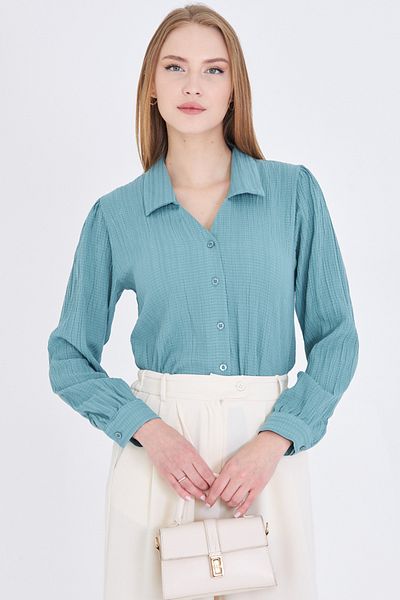 armonika Women's Turquoise V-Neck Balloon Sleeve Wrap Shirt Arm-25K001088