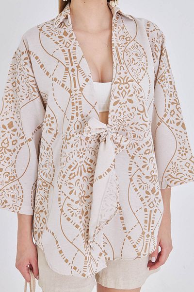 armonika Women's Cream Patterned Linen Look Front Tie Kimono Shirt Arm-24Y001079