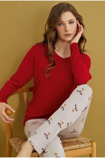 ÇağrıHome Women's 100% Cotton Viscose Fabric Red Mushroom Pattern V-Neck Long Sleeve Pajamas Set