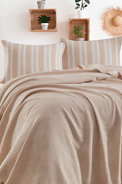 Eponj Home Çarşaflı Pike Takımı Çift Kişilik %100 Pamuk 4 Parça SoftÇizgili Desenli Bej – Weave Serisi