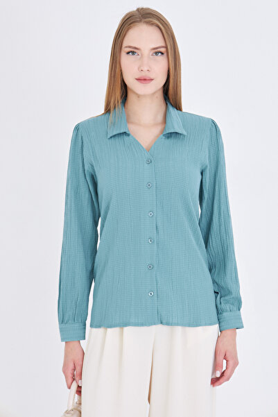 armonika Women's Turquoise V-Neck Balloon Sleeve Wrap Shirt Arm-25K001088