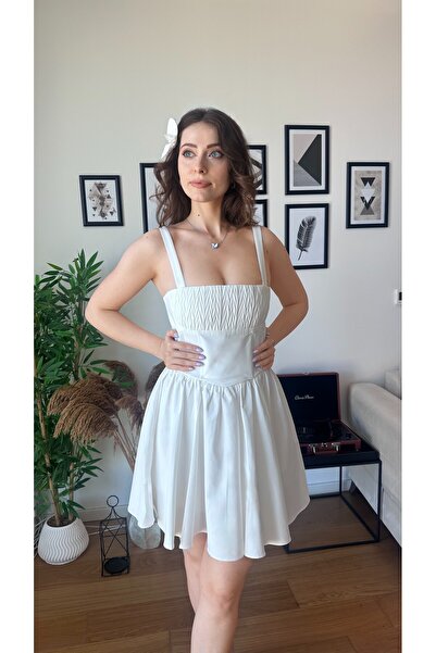 Soshow Kalın Askılı Pileli Mini Elbise