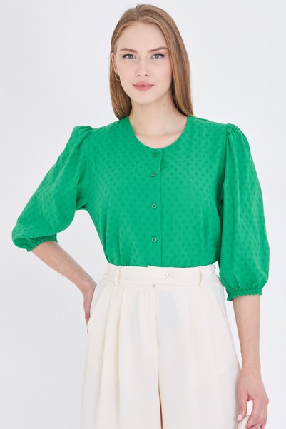 armonika Women's Green Crew Neck Quarter Sleeve Shirt Arm-25Y001062