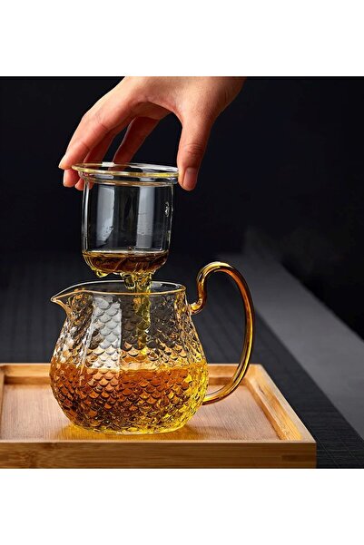 Qerhome Borosilikat Cam Buzlu Gold Saplı Bitki Çayı Demliği 550 Ml Altındem