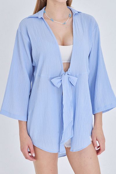 armonika Women's Baby Blue Linen Look Front Tie Kimono Shirt Arm-24Y001063