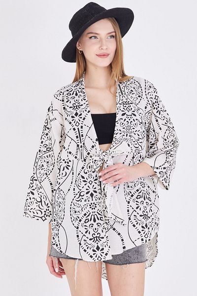 armonika Women's Black-White Patterned Linen Look Front Tie Kimono Shirt Arm-24Y001079