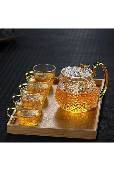 Qerhome Borosilicate Glass Frosted Gold Handle Herbal Tea Pot 550 ml Altındem