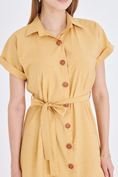 armonika Women's Yellow Waist Belt Short Sleeve Shirt Dress Arm-25Y001065
