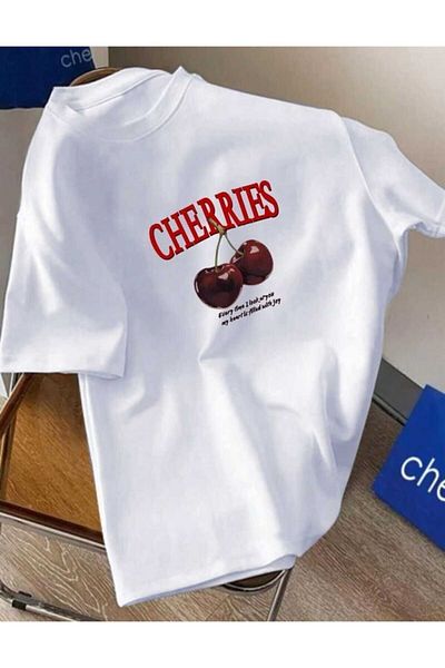 Boi Λευκό Red Cherry Bomb T-Shirt - Κοντό μανίκι με στάμπα Oversize Crew Neck