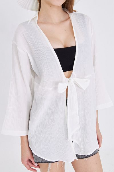armonika Women's White Linen Look Front Tie Kimono Shirt Arm-24Y001063