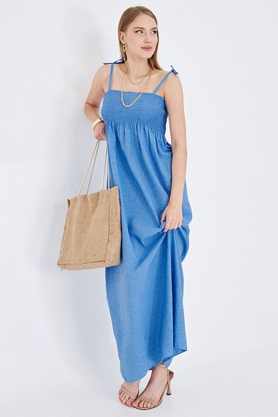 armonika Rochie lungă pentru femei, cu bretele indigo, cu șireturi, piept Gipe elastic ARM-25Y001069