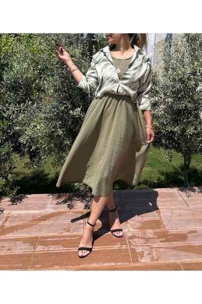 Selence Gömlek detaylı desenli kloş elbise haki