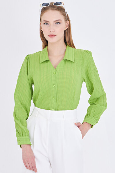 armonika Women's Pistachio Green V-Neck Balloon Sleeve Wrap Shirt Arm-25K001088