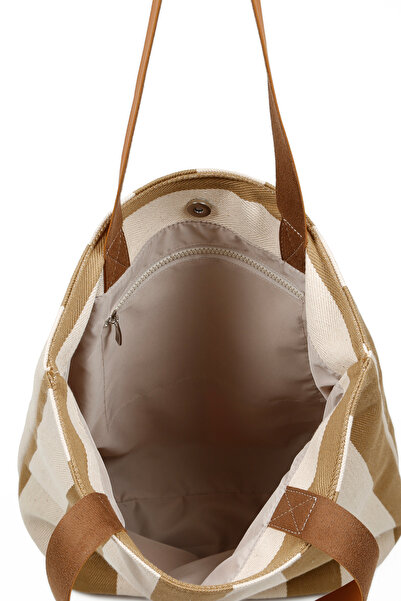 Bakras Τσάντα ώμου μπεζ ριγέ καμβά
