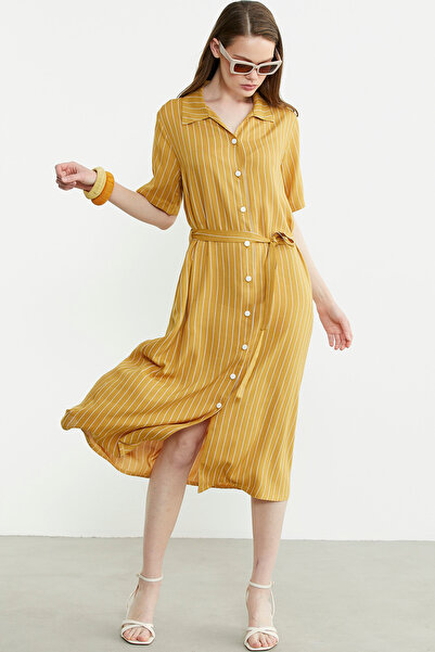 Sementa Düğmeli Midi Boy Gömlek Elbise - Hardal