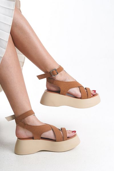 Limeo Suede High Sole Cross Thick Striped Women's Wedge Heeled Summer Sandals