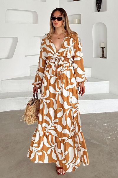 Olcay V-Neck Slit Detailed Patterned Dress Kamel 9350-E