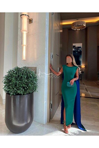 ALANOOD FASHION فستان سهرة زمردي مزين بالريش