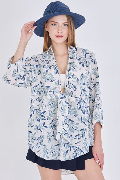 armonika Women's Light Mint Patterned Linen Look Front Tie Kimono Shirt Arm-24Y001079