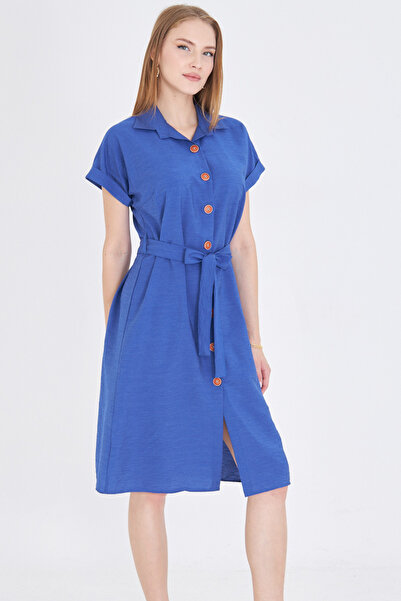 armonika Women's Saks Waist Belted Short Sleeve Shirt Dress Arm-25Y001065
